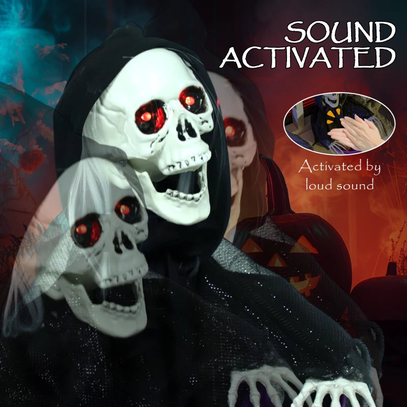 2pcs Animated Halloween Skull Bowl Set - LED Eyes, Moving Body, Creepy Sound - Skeleton Candy Dish for Party & Haunted House Decor