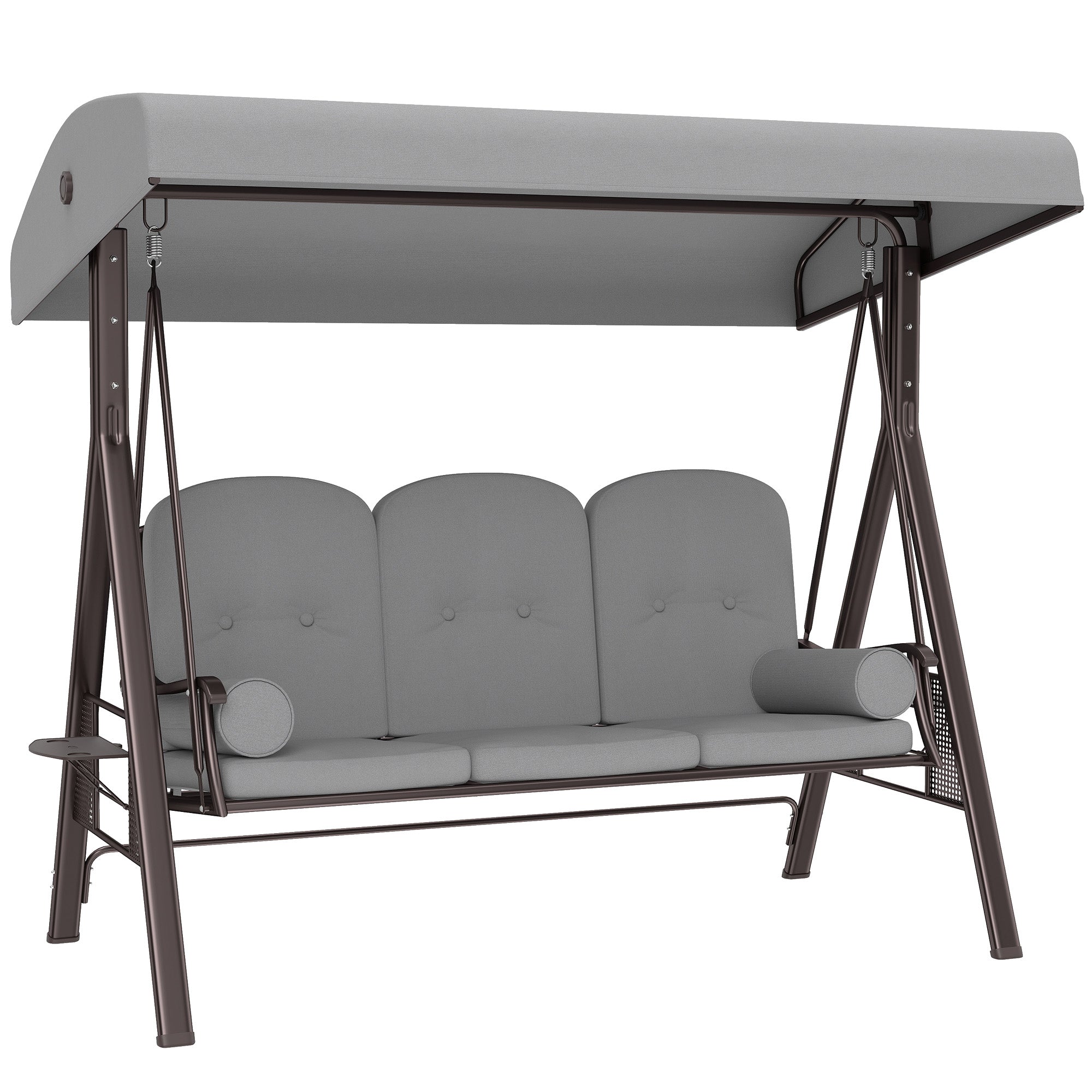 3 Seater Garden Swing Chair with Adjustable Canopy, Cushioned Outdoor Patio Swing Seat, Heavy-Duty Steel Frame, Cup Holder Trays, Weather-Resistant Light Grey Canopy Swing Bench for Garden
