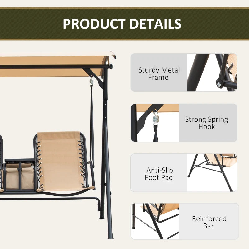 Beige 2 Seater Garden Swing Chair with Canopy, Table, Cup Holders