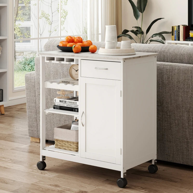 Compact Kitchen Trolley Utility Cart on Wheels with Wine Rack, Drawer & Storage Cabinet - White Dining Room Organizer
