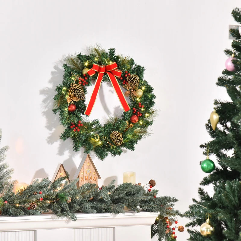 60cm Pre-Lit Artificial Christmas Wreath with Holly, Pine Cones & LED Lights - Glittered Indoor/Outdoor Holiday Decor