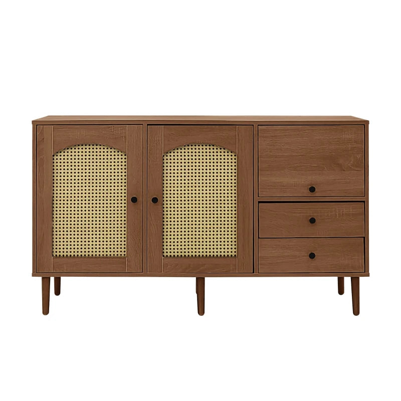 Country-Style Rattan Door Sideboard with Adjustable Shelves - Natural Wood Cabinet for Living Room & Hallway, 130x40x75.5 cm