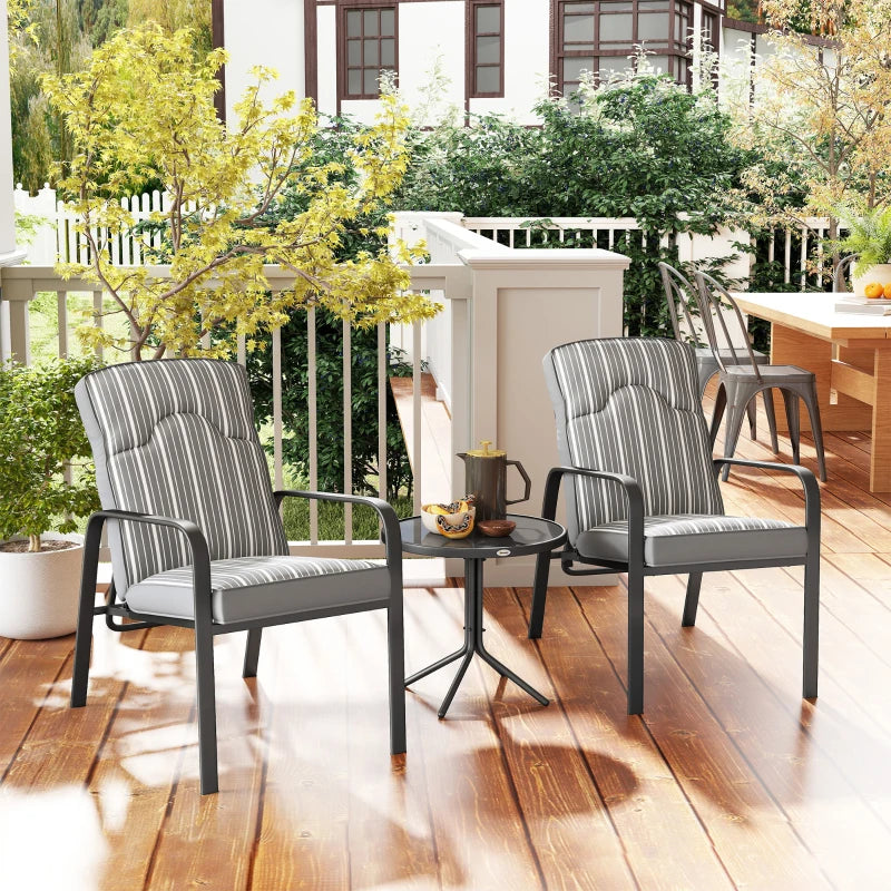 3-Piece Patio Bistro Set with Adjustable Recliner Chairs, Glass Table, Cushions - Grey Garden Furniture
