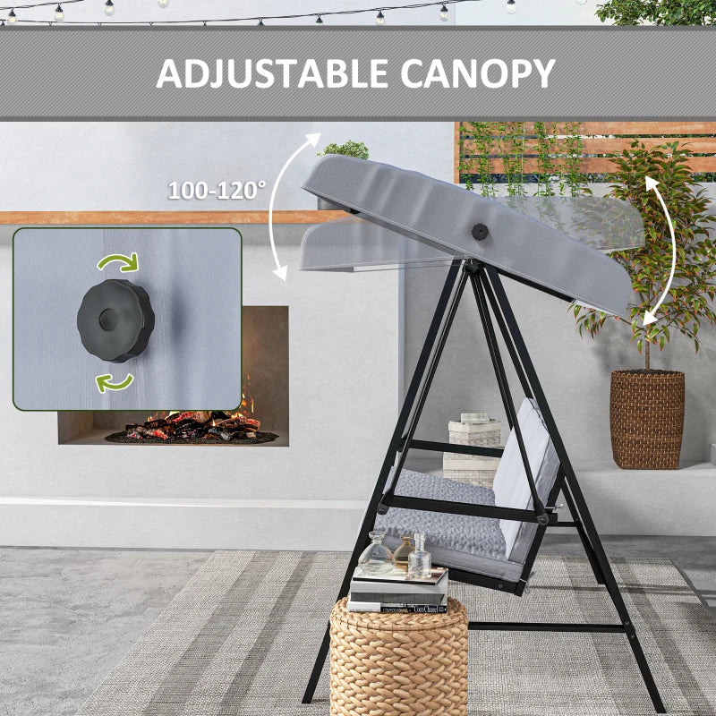 Grey 3-Seat Garden Swing Chair with Adjustable Canopy