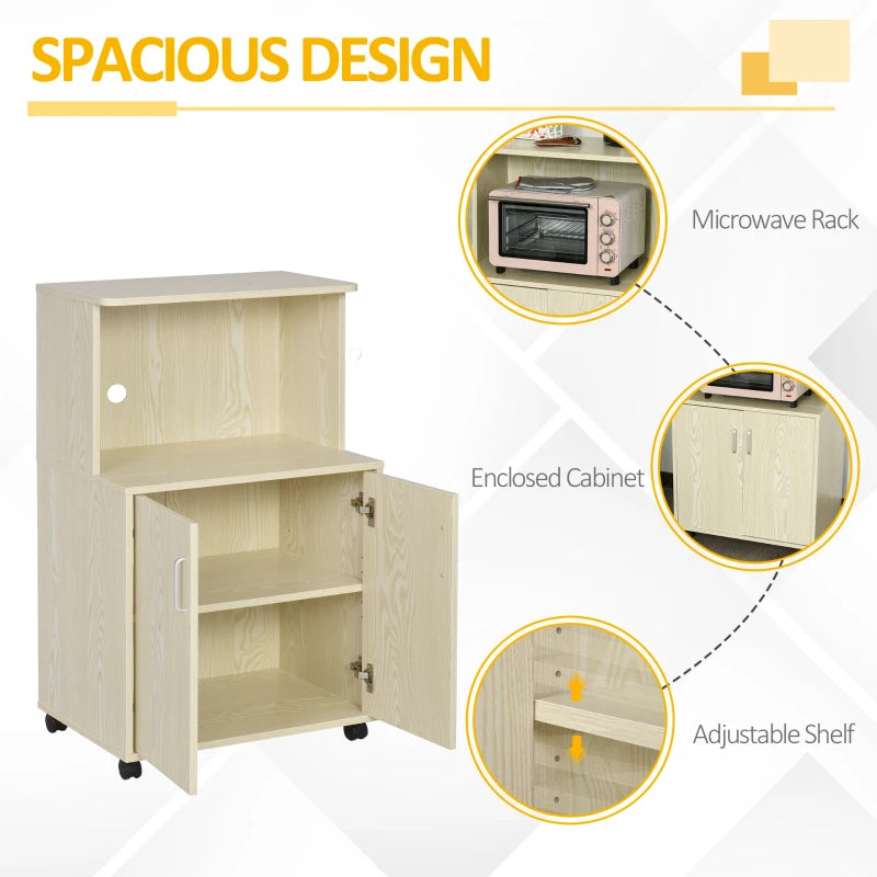 Modern Oak Kitchen Storage Unit - Microwave Stand Trolley Cart with Locking Wheels & Shelf for Living Room/Dining Room