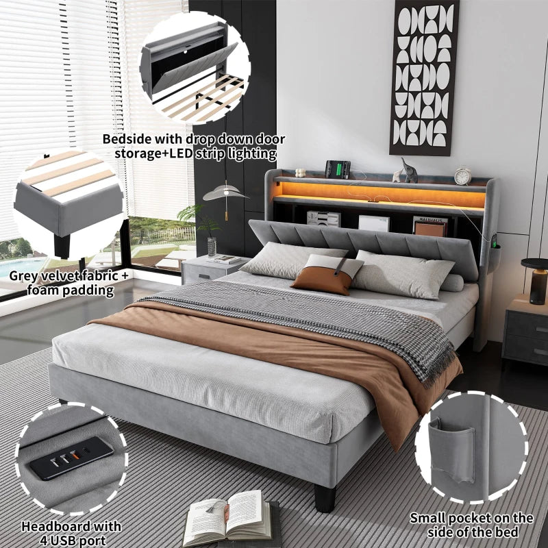 Velvet Upholstered Double Bed with Storage & LED Light Strip, 4 USB Ports, Grey - 204L x 140W x 107H cm