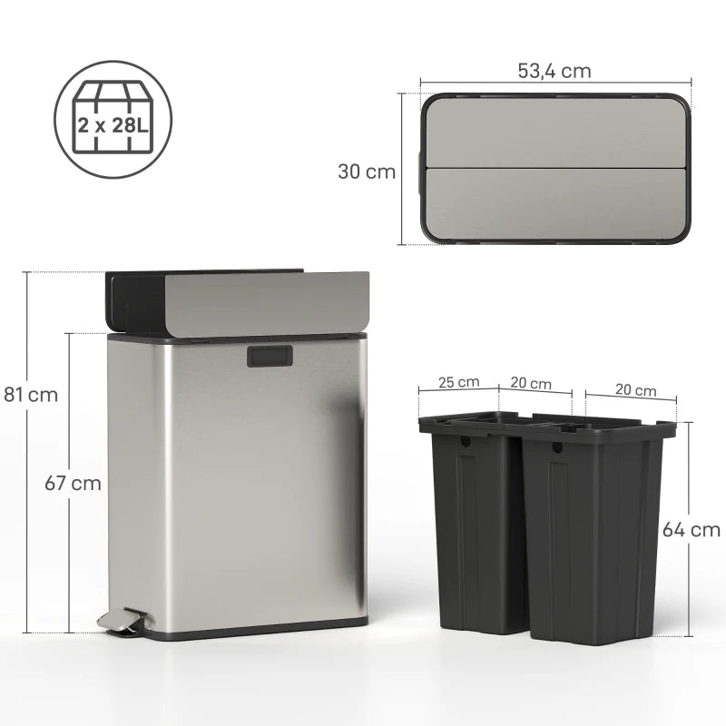 Dual Kitchen Bin with Soft-Close Butterfly Lid - 2x28L Stainless Steel Pedal Bin, Fingerprint-Proof for Recycling & Waste, Silver