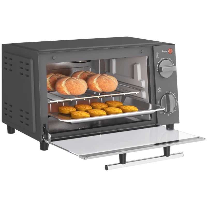 Compact 9L Mini Oven & Electric Grill - Adjustable Temp, Timer, Dishwasher Safe Tray, 750W, Grey Countertop Toaster Oven
