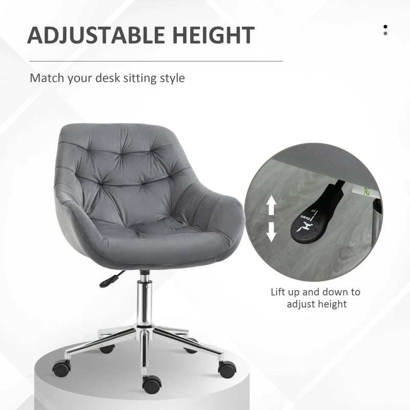 Vinsetto Ergonomic Velvet Home Office Chair - Adjustable Height, Arm & Back Support, Comfy Dark Grey Desk Chair