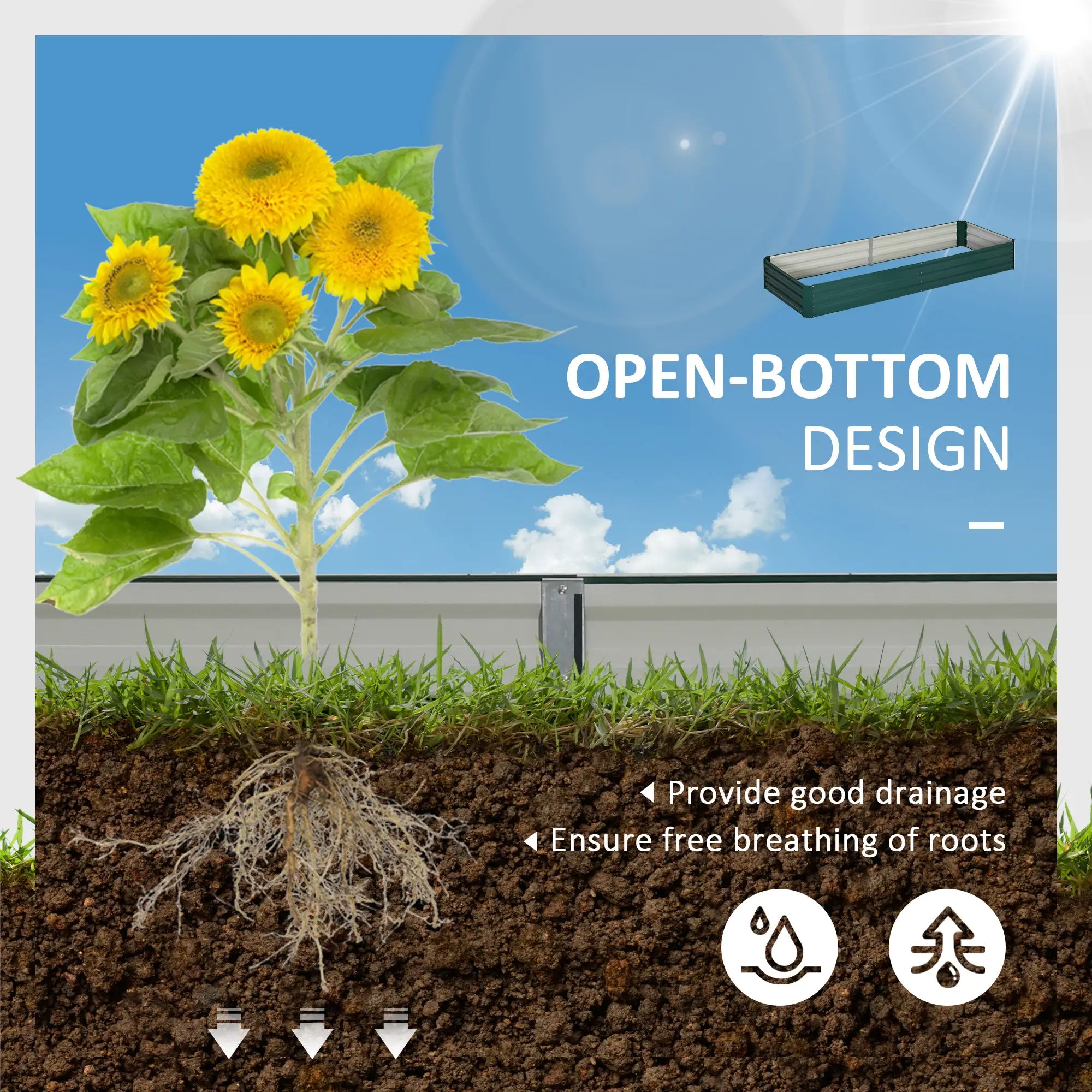 Green Metal Raised Garden Bed Planter Box for Growing Flowers & Herbs - 241 x 90.5 x30cm
