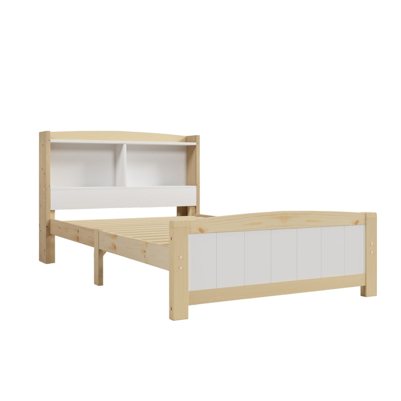 Solid Wooden Single Bed Frame with Storage Headboard - 3FT (90x190 cm), No Box Spring Required, Durable White Design