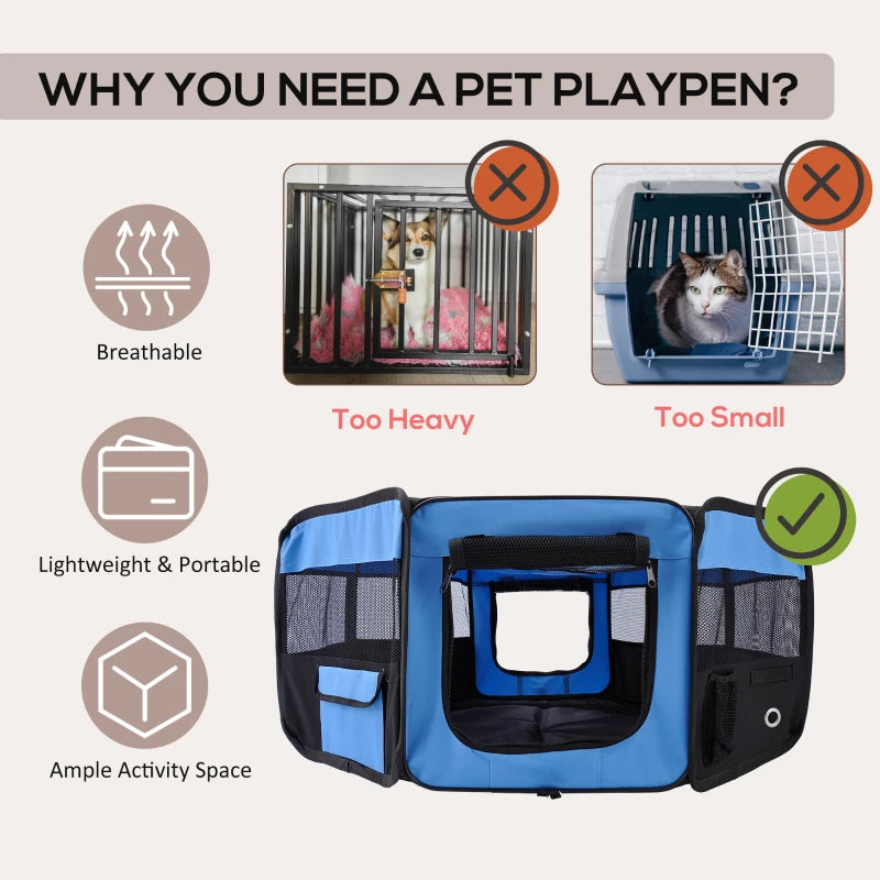 Portable Cat Dog Playpen - Indoor Outdoor Pet Pen for Puppies, Rabbits, Guinea Pigs - 90cm Diameter, 41cm Height, Blue