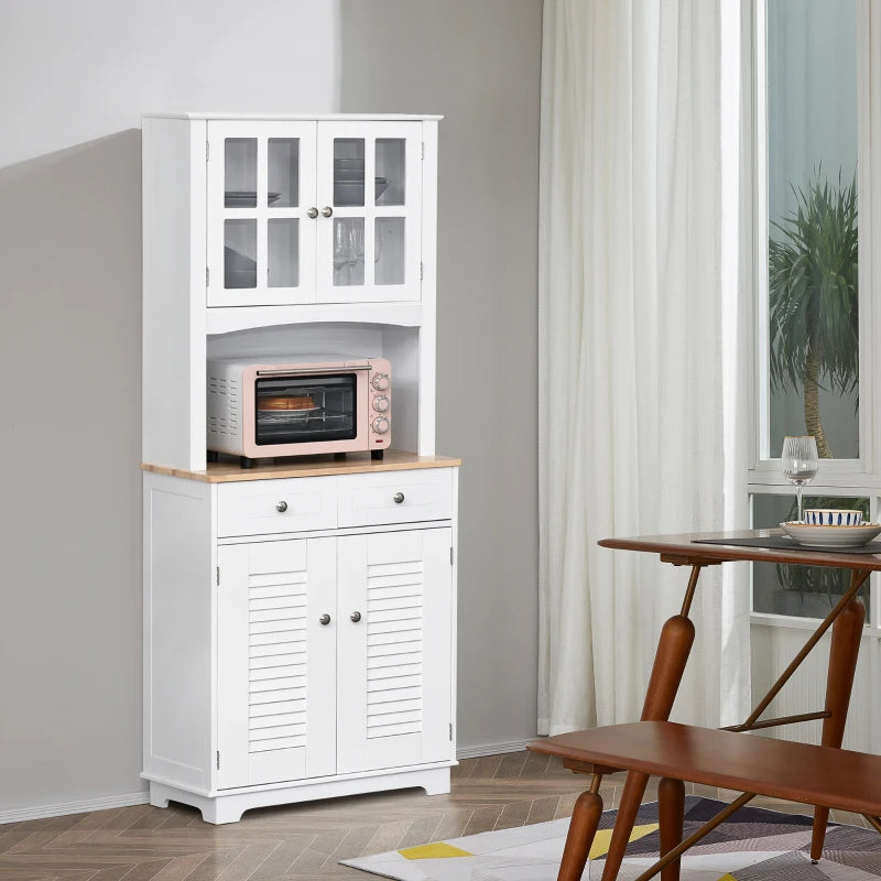 Modern Louvered Kitchen Cupboard - Stylish Storage Cabinet with Framed Glass Doors & 2 Drawers in White