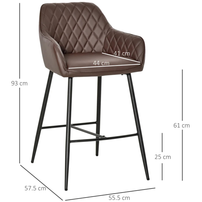 Set of 2 Retro PU Leather Bar Stools with Footrest - Stylish Metal Frame Dining Chairs in Brown