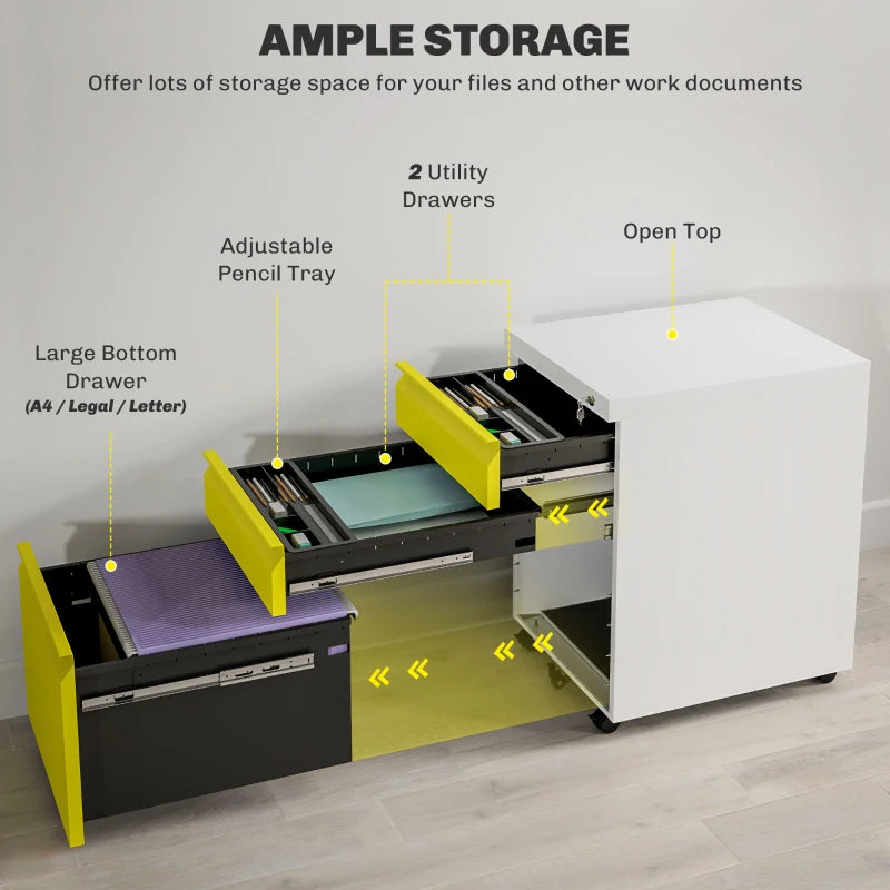 Vinsetto Mobile Metal File Cabinet - 3 Drawer Anti-Tilt Design for Letter, A4, Legal Size - Stylish Yellow