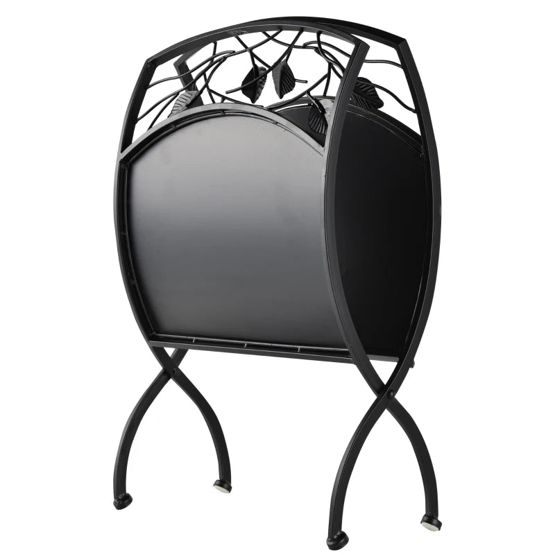 Metal Arced Firewood Log Holder Rack - Indoor Outdoor Folding Wood Storage Shelf with Leaf Pattern, Black, 43.5W x 36.5D x 41H cm