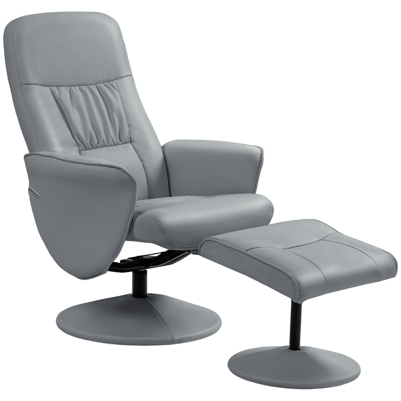 Light Grey Swivel Recliner Chair with Footstool – PU Leather Armchair and Ottoman for Living Room Comfort