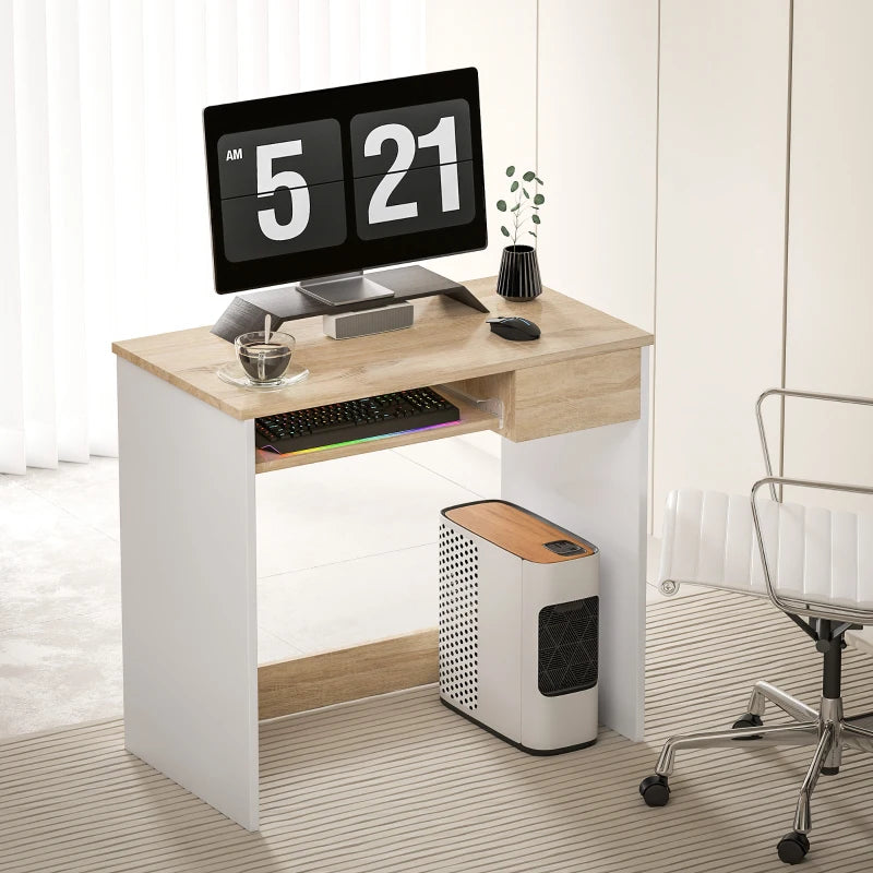 80cm Compact Computer Desk with Keyboard Tray & Drawer - Stylish Oak Home Office Desk for Bedroom Study