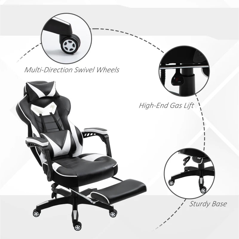 Vinsetto White Gaming Chair with Lumbar Support & Footrest - PU Leather Racing Desk Chair with Headrest & Swivel Wheels