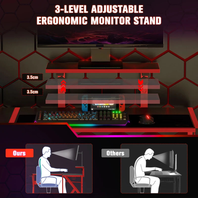 L-Shaped Gaming Desk for Home Office - Adjustable Monitor Stand, Cup Holder & Headphone Hook - 125x125x75cm, Red