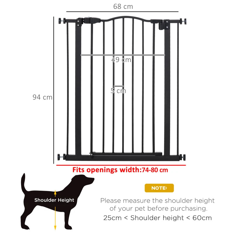 Pressure Fit Dog Stair Gate - No Drilling Safety Gate with Auto Close, Adjustable 74-80cm, 94cm Tall, Black for Doorways & Hallways