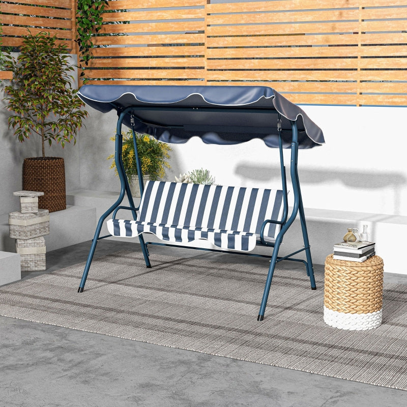 Blue Striped 3-Seater Outdoor Swing Bench with Adjustable Canopy