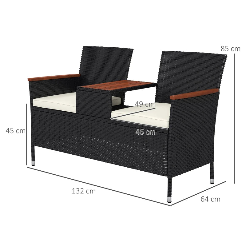 Black Rattan Loveseat with Wood-Top Table