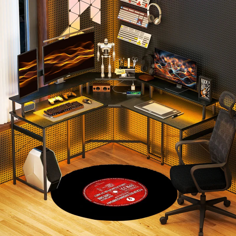 L-Shaped Black Work Desk with LED Lights - Modern Home Office Furniture for Efficient Workspace Organization