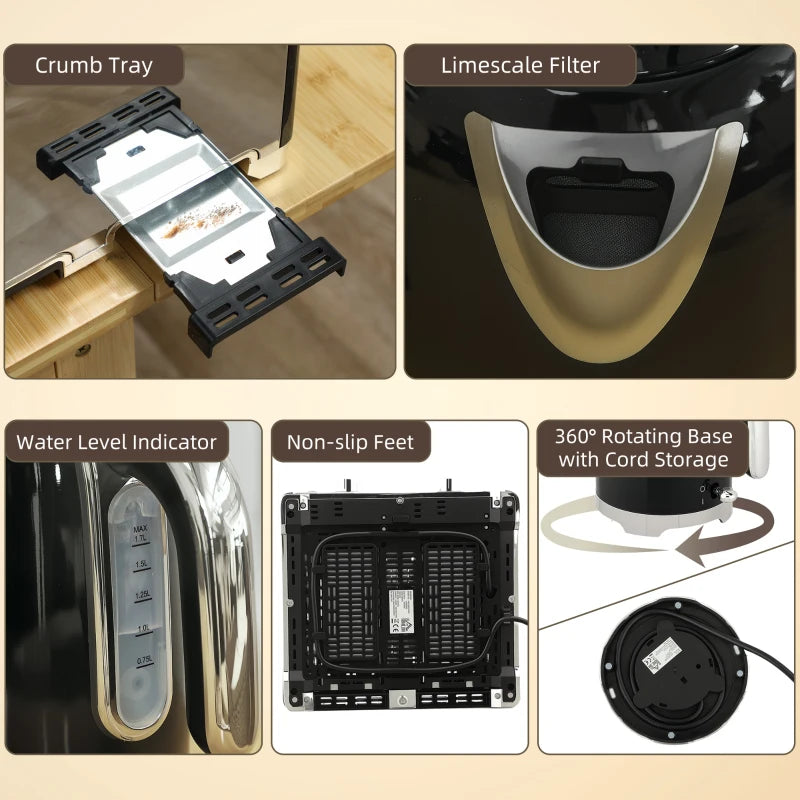 Retro 3000W Black Kettle and Toaster Set - Stylish Kitchen Appliances for Modern Homes