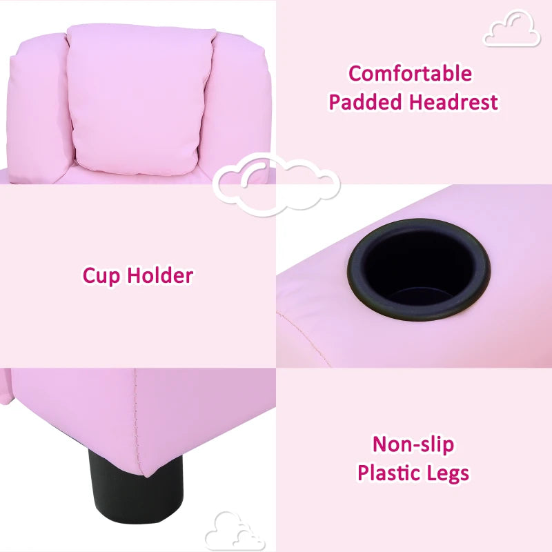 Pink Kids Recliner Chair - PU Leather, Adjustable Backrest & Footrest, Padded Headrest for Comfort - Perfect for Playrooms