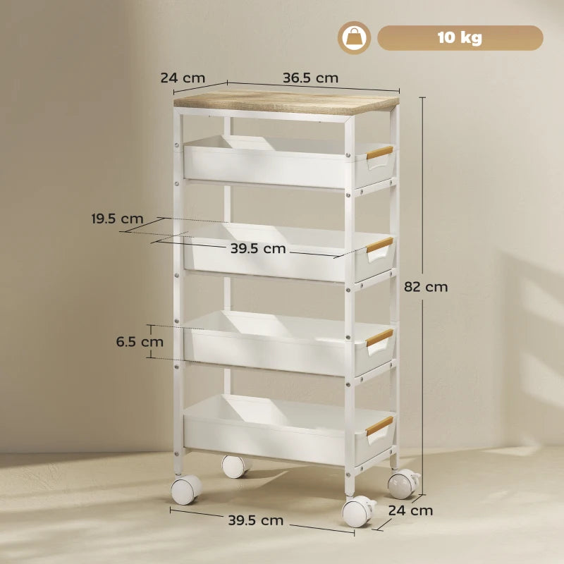 5-Tier Rolling Storage Trolley - White Multi-Functional Organizer Cart with Wheels for Home, Office, and Kitchen