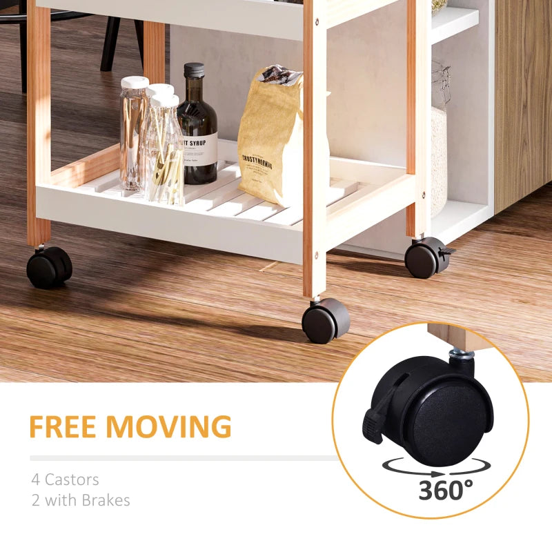 3-Tier Mobile Kitchen Trolley Cart with Rolling Wheels - White Storage Shelves Rack, 46 x 35 x 74.5 cm