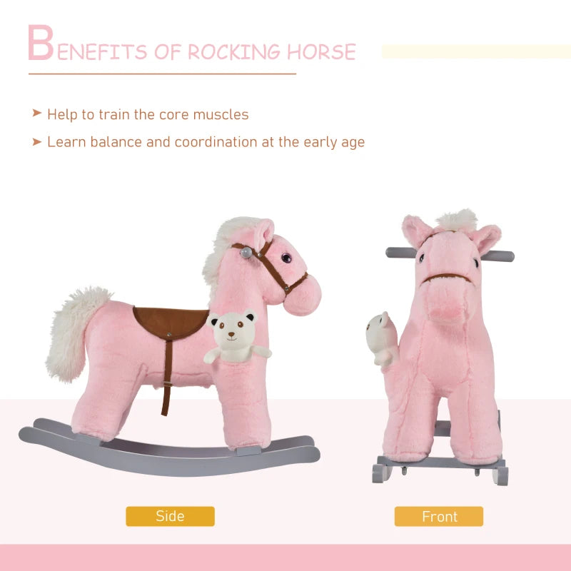 Kids Plush Rocking Horse Toy with Realistic Sounds - Soft Ride-On Rocker for Toddlers 18-36 Months - Pink