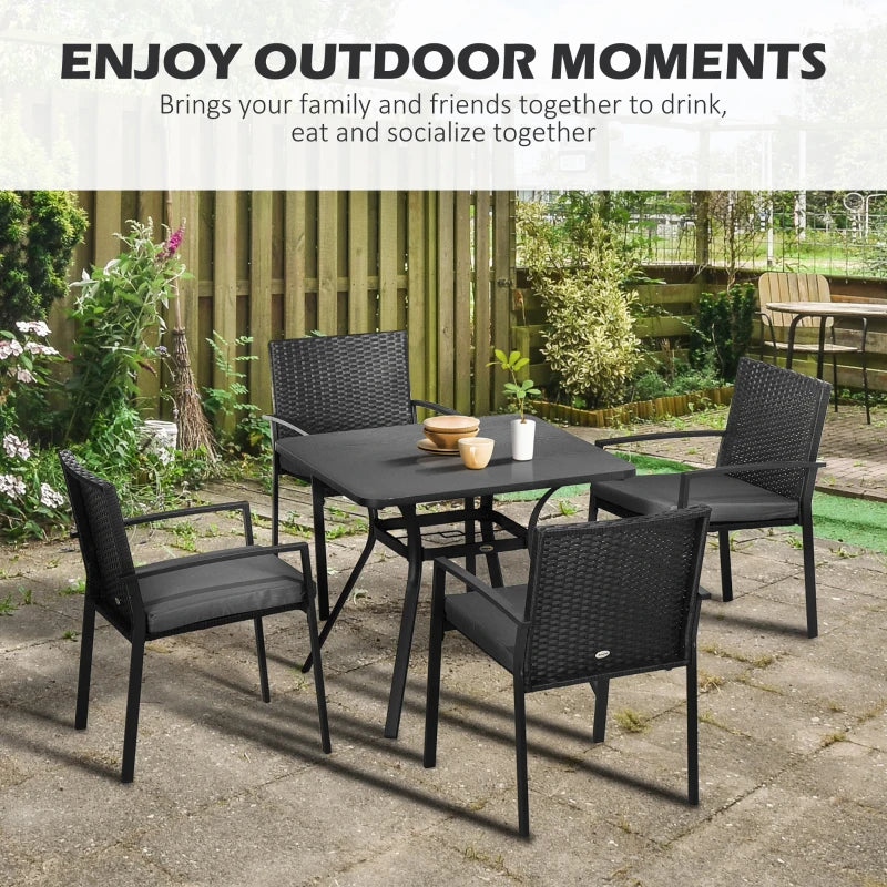 5-Piece Black Rattan Garden Dining Set with Cushioned Chairs