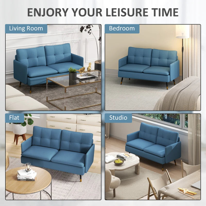 Modern Button Tufted Two Seater Sofa with Cushions and Steel Legs for Living Room, Dark Blue