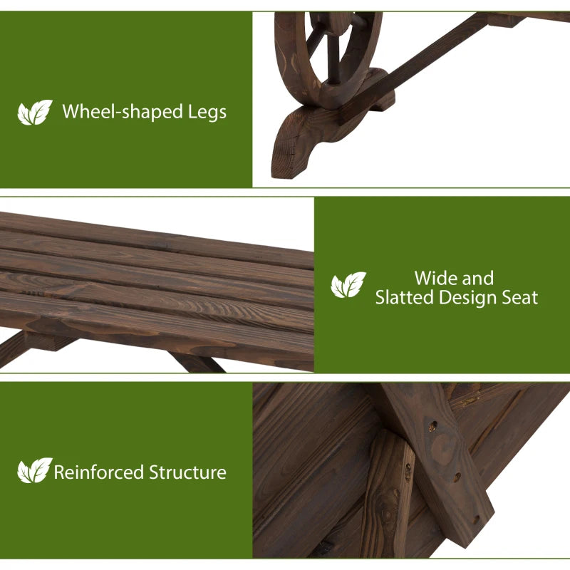 Rustic Brown Wooden Garden Bench with Wheel-Shaped Legs