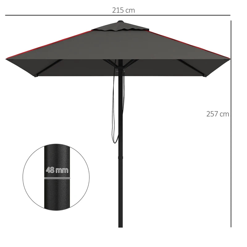 Square Canopy Parasol with Contrast Piping - Grey/Red, 215cm