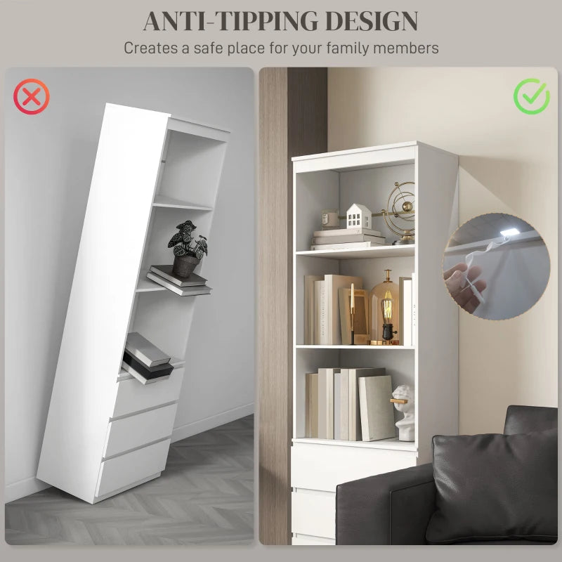 Elegant 180cm Tall White Bookcase with Shelves and Drawers - Perfect for Home or Office Storage