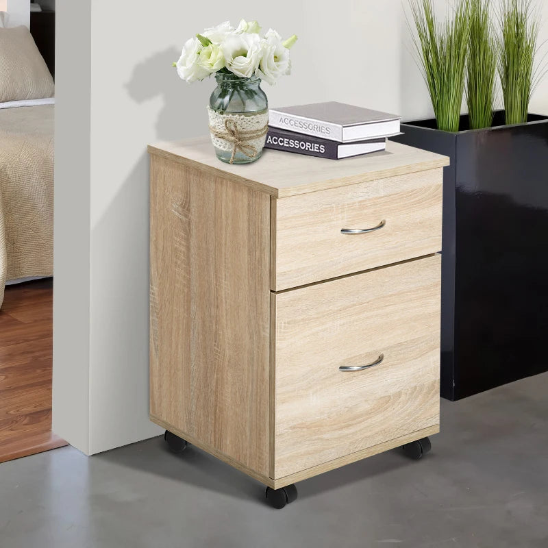 Oak Two Drawer Filing Cabinet on Wheels - Stylish and Functional Storage Solution for Home or Office