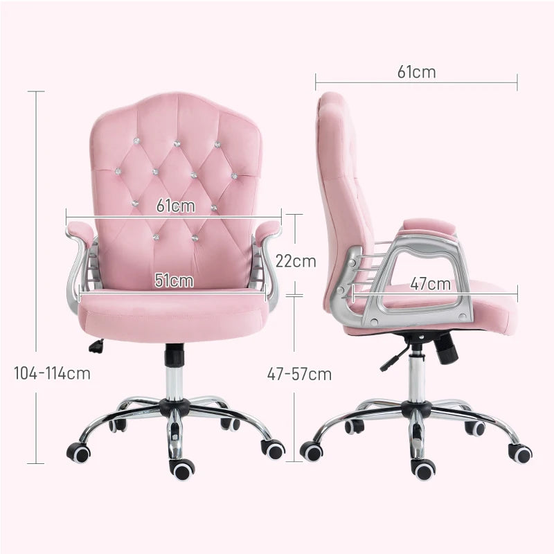 Vinsetto Pink Velvet-Feel Office Chair with Diamante Back - Stylish Ergonomic Design for Home & Office