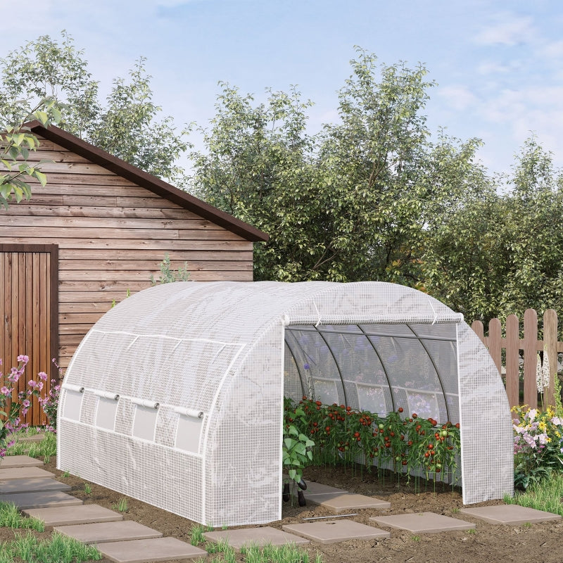 Green Walk-in Polytunnel Greenhouse with Roll-up Side Walls, Steel Frame, Zipped Door - White