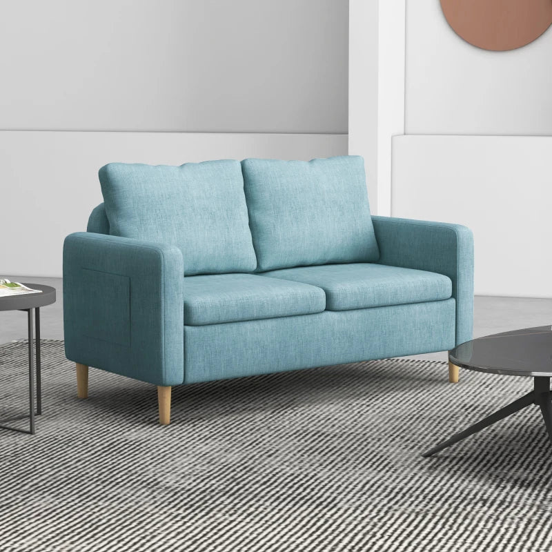 Modern Two-Seater Sofa for Living Room, Stylish Fabric Couch with Wooden Legs and Storage Pockets, Blue