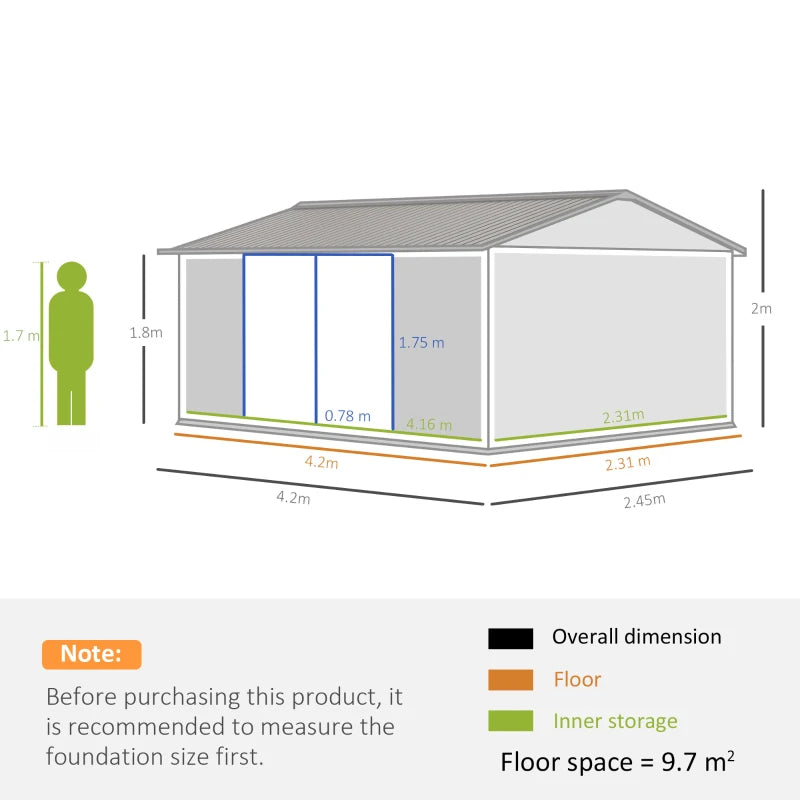 14 x 8ft Large Metal Garden Shed - Grey