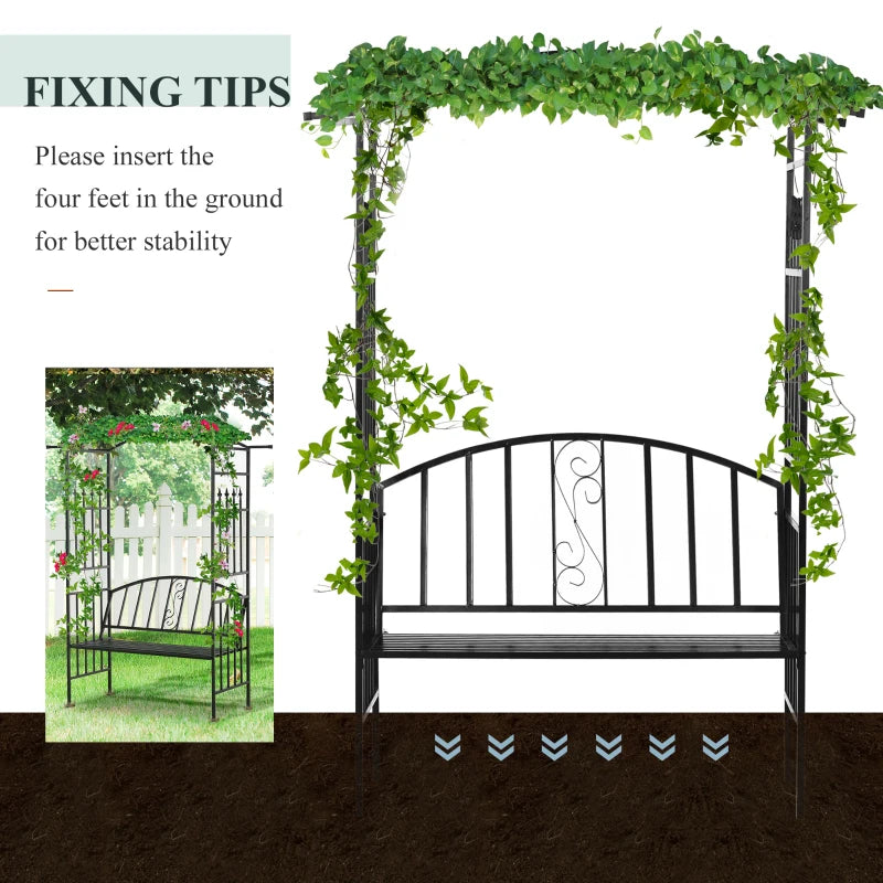 Black Steel Garden Arch with 2-Seater Bench