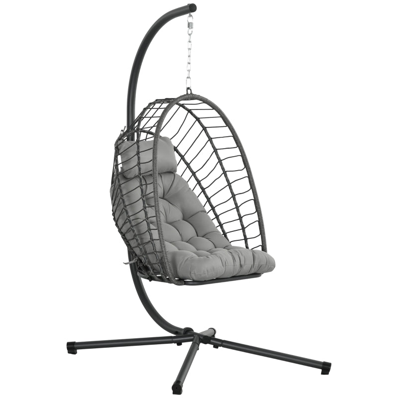 Light Grey Rattan Swing Chair with Cushion and Metal Stand