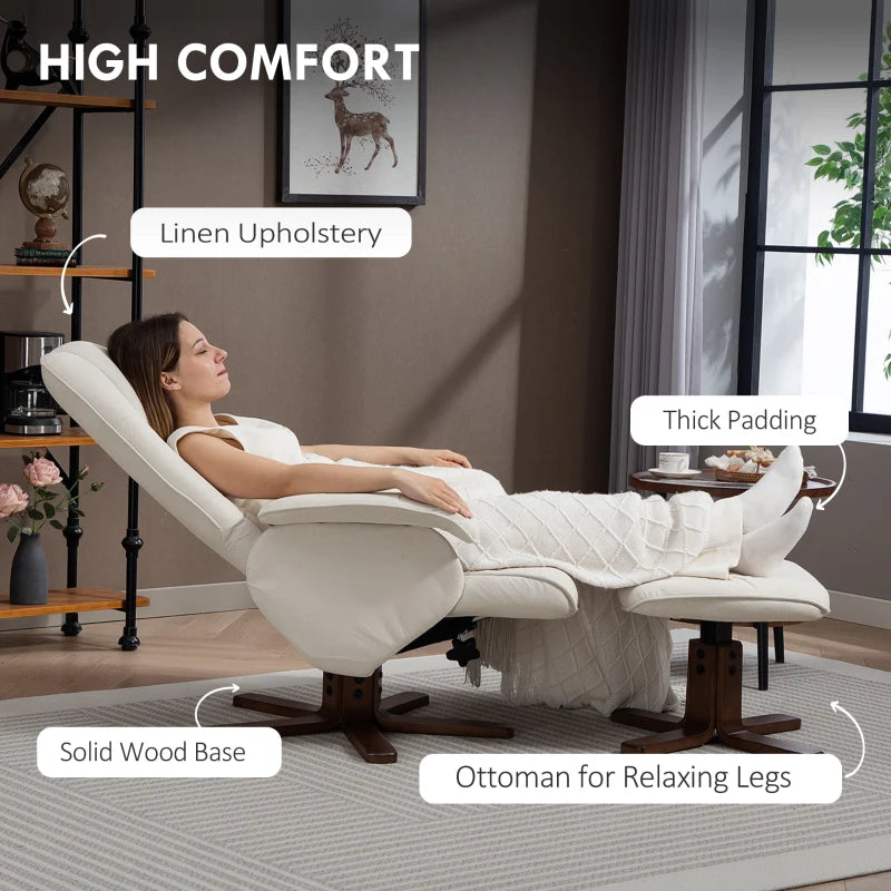 Linen Swivel Recliner Chair with Footstool Upholstered Reclining Armchair with Wooden Base for Living Room Beige