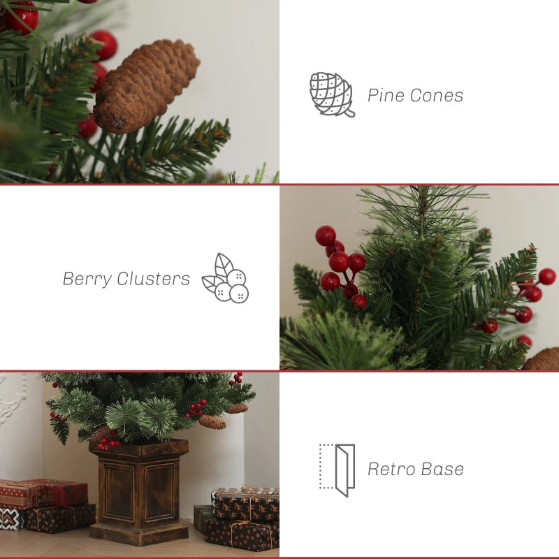 4ft Artificial Christmas Tree with 100 Warm White LED Lights, Red Berries & Pine Cones, 8 Modes, Retro Base