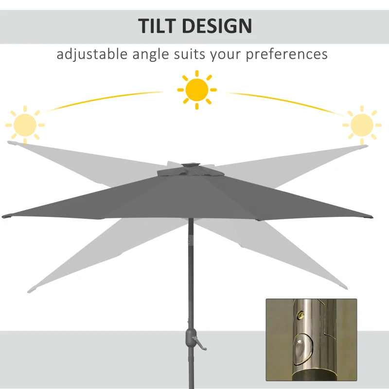 Grey 2.7m Patio Garden Umbrella with Tilt Crank and LED Lights