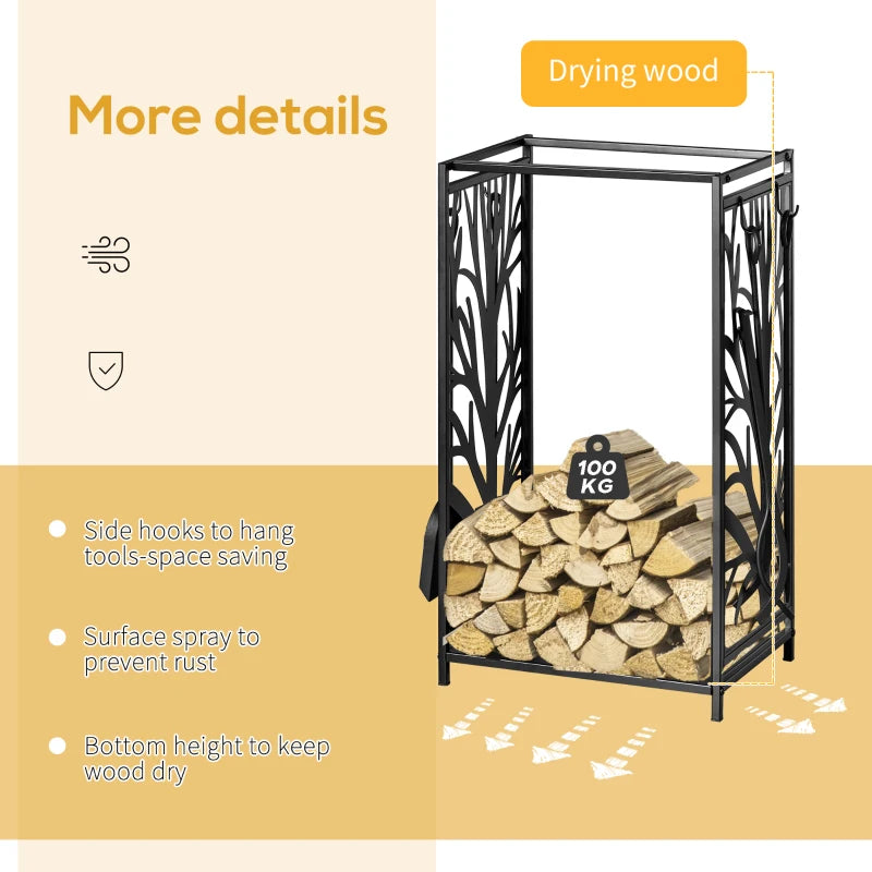 Steel Firewood Log Holder Rack with Tools - Indoor Outdoor Fireplace Wood Storage, Rust-Resistant, Tree Pattern, 46W x 30D x 70H cm