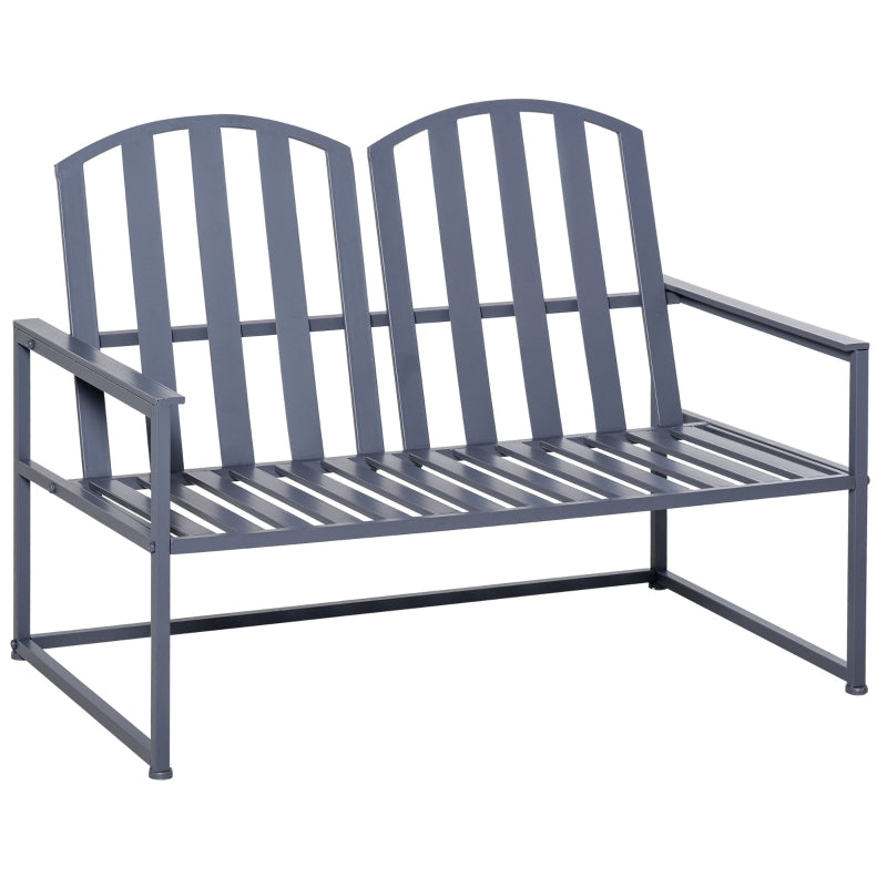 Grey Steel Outdoor Garden Bench Loveseat with Slatted Design